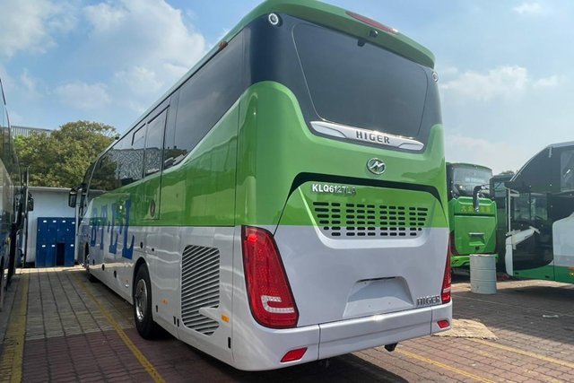 Rear view of a white and green B.T.L.L. Higer bus
